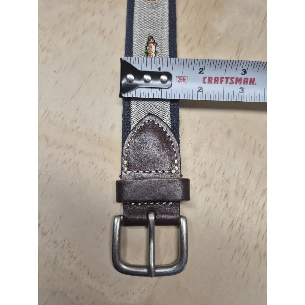 J.Crew Men’s 38 Fish Trout Embroidered Canvas & Leather Belt Navy/Brown Silver